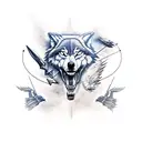 a wolf growling with arrows in its back while ravens fly overhead tattoo design idea