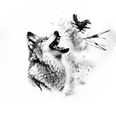 a wolf growling with arrows in its back while ravens fly overhead tattoo design idea