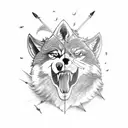 a wolf growling with arrows in its back while ravens fly overhead tattoo design idea