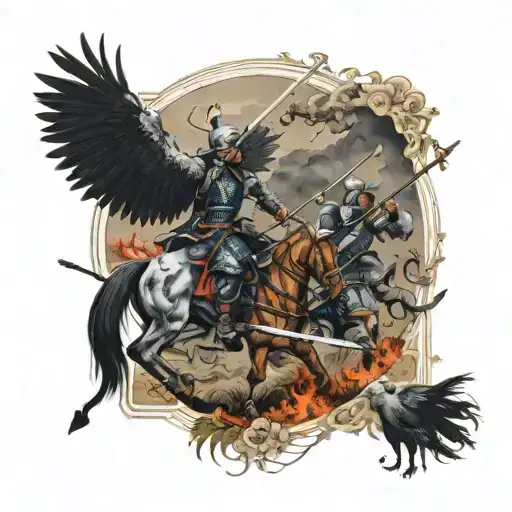 Medieval battlefield, smoke billowing, crows circling, sword fighting, archers, knights, horses, power, darkness, streng tattoo design idea