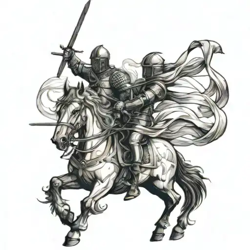 Medieval battlefield, smoke billowing, crows circling, sword fighting, archers, knights, horses, power, darkness, streng tattoo design idea