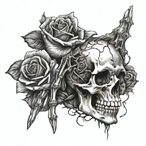 Skeleton tattoo for back of hand that has rings on fingers and roses growing around the hand tattoo design idea