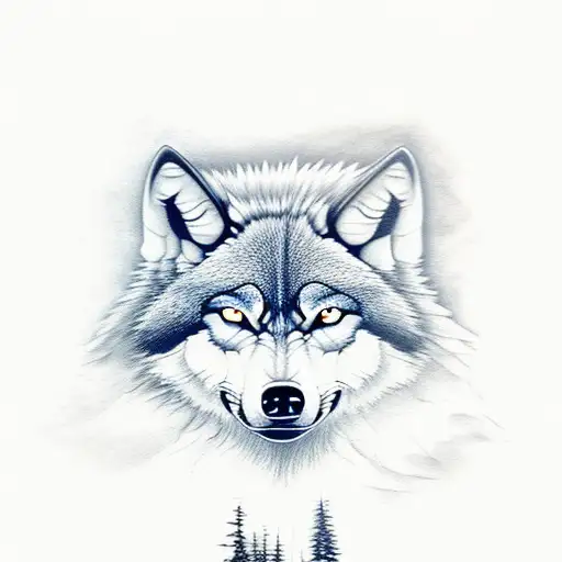 angry wolf in dark pine forrest tattoo design idea