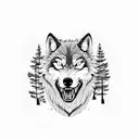 angry wolf in dark pine forrest tattoo design idea