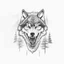 angry wolf in dark pine forrest tattoo design idea