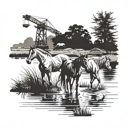 A tattoo design featuring a family of horses walking along a riverbank, with a construction crane subtly incorporated in the background tattoo design idea