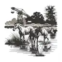 A tattoo design featuring a family of horses walking along a riverbank, with a construction crane subtly incorporated in the background tattoo design idea