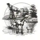 A tattoo design featuring a family of horses walking along a riverbank, with a construction crane subtly incorporated in the background tattoo design idea