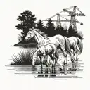 A tattoo design featuring a family of horses walking along a riverbank, with a construction crane subtly incorporated in the background tattoo design idea
