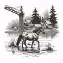 A tattoo design featuring a family of horses walking along a riverbank, with a construction crane subtly incorporated in the background tattoo design idea
