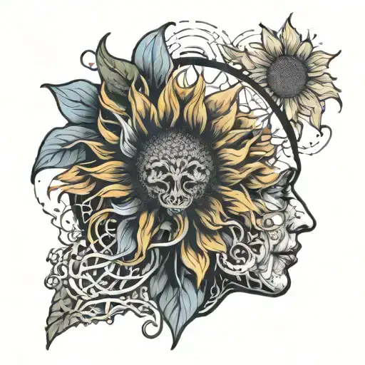 A surrealistic design combining a sunflower with a human brain, symbolizing the connection between nature and psychology tattoo design idea