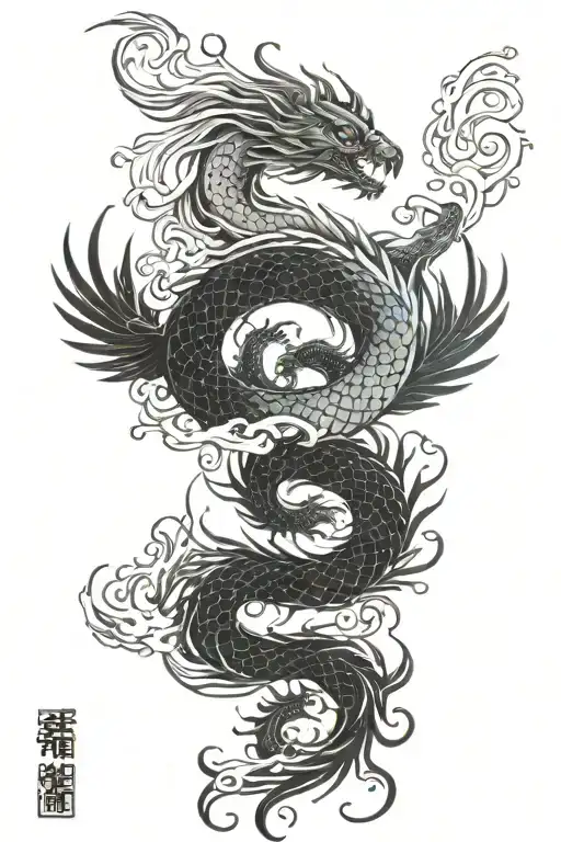phoenix vs sea serpent intertwined representing yin yang tattoo design idea