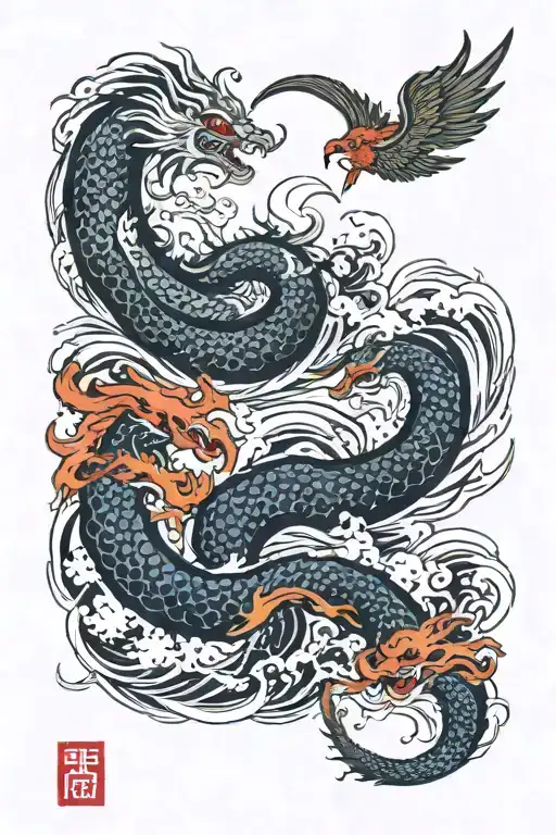 sea serpent vs phoenix rising sun tattoo design idea