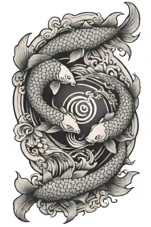bakunawa and makonowa tattoo fighitng over a yin yang symbol with  2 koi fish outside tattoo design idea