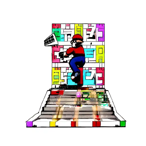 Mario with escape board in skate boarding clothes at a huge staircase tattoo design idea