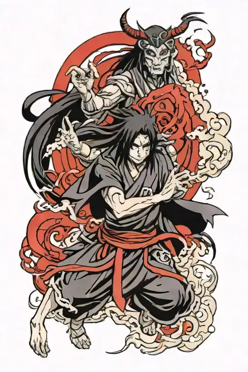 Uchiha Itachi Sharingan Karga susano Amaterasu portrayed tattoo design idea