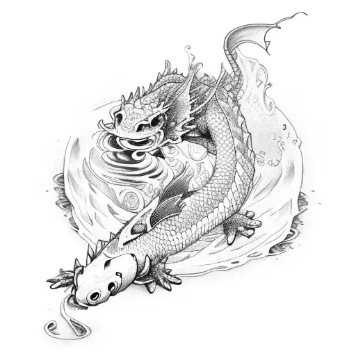 Dragon holding a koi fish on a waterfall tidal wave tattoo design idea