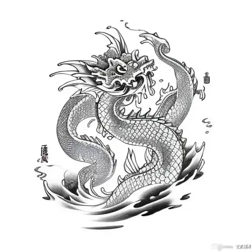 Dragon holding a koi fish on a waterfall tidal wave tattoo design idea