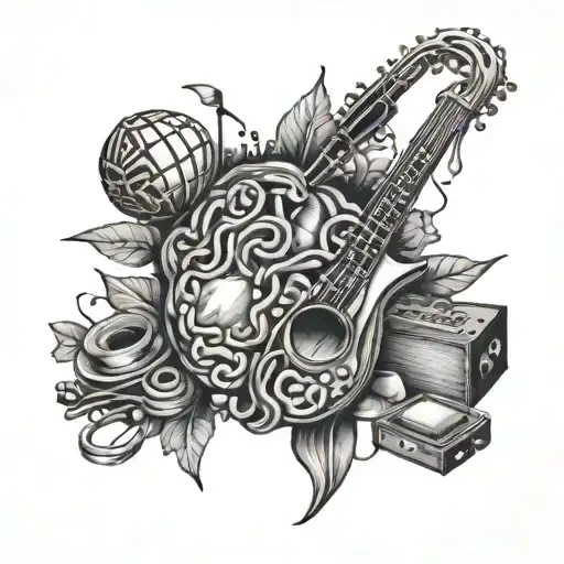 A brain made of coffee beans and musical instruments tattoo design idea