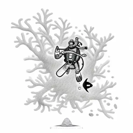 A scuba diver exploring a coral reef with a hidden Christian symbol subtly incorporated into the background tattoo design idea