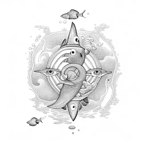 A serene underwater scene featuring a school of fish swimming around a sunken cross symbol, representing the client's love for both the ocean and Christianity tattoo design idea