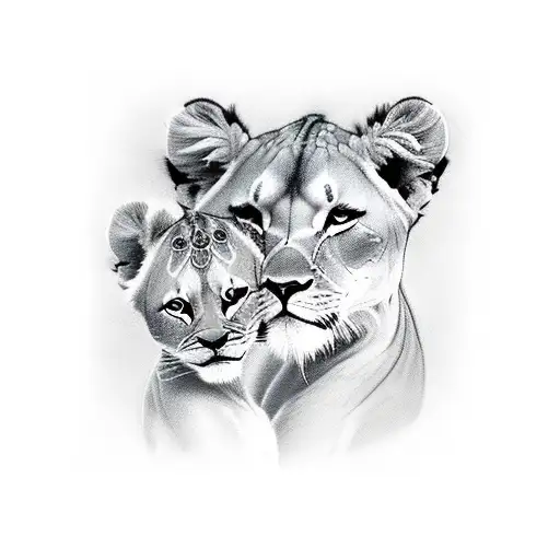 A realistic greyscale arm sleeve featuring a lioness with two cubs and daffodils incorporated. tattoo design idea