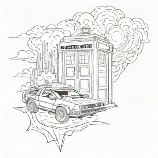 A mashup of a TARDIS from Doctor Who and the DeLorean from Back to the Future traveling through Middle Earth from Lord of the Rings tattoo design idea