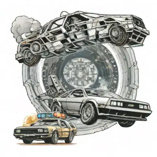 A realistic depiction of the Delorean and Tardis flying through a time vortex in a dynamic and detailed design tattoo design idea