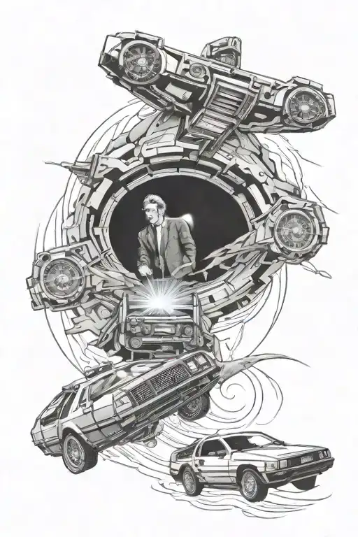 A realistic depiction of the Delorean and Tardis flying through a time vortex in a dynamic and detailed design tattoo design idea