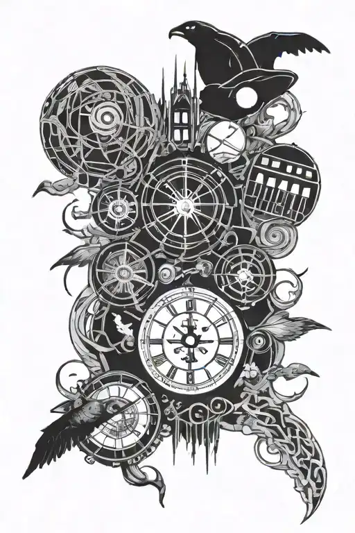 A blackwork design featuring iconic symbols from Doctor Who, One Piece, and Back to the Future intertwined with elements of Middle Earth from Lord of the Rings tattoo design idea