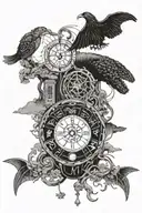 A blackwork design featuring iconic symbols from Doctor Who, One Piece, and Back to the Future intertwined with elements of Middle Earth from Lord of the Rings tattoo design idea