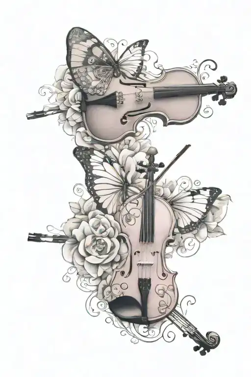 pink violin butterfly thigh side by side tattoo design idea