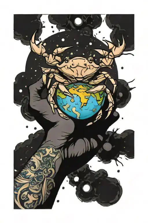 crab and earth on his hand holding tattoo design idea