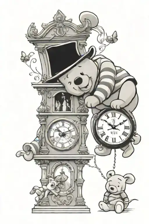 grandfather clock and winnie the pooh tattoo design idea