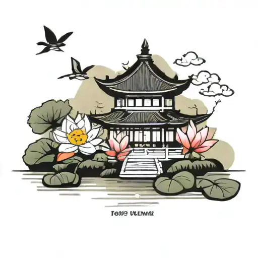 Design a Korean-inspired tattoo of a serene island gazebo surrounded by lotus flowers. tattoo design idea