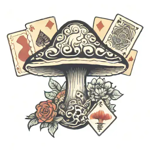 A traditional style tattoo of a psychedelic mushroom surrounded by playing cards tattoo design idea