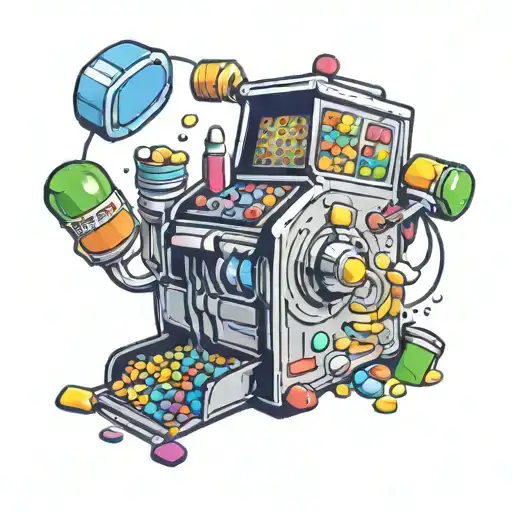 A surreal design of a slot machine spitting out a rainbow of pills tattoo design idea