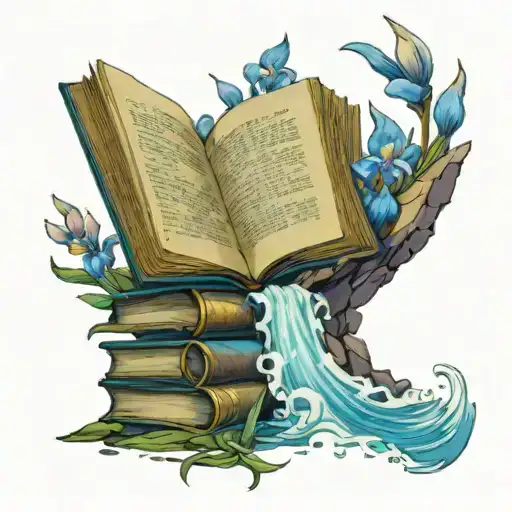 open book filled with nature; sitting on top of a mountain of books with an open door, running stream of water, and iris tattoo design idea