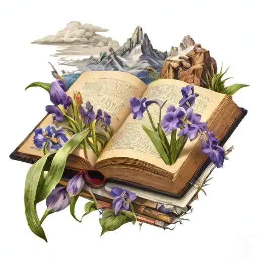 open book with irises sprouting out of the open pages; it has mountains made of books in the background tattoo design idea