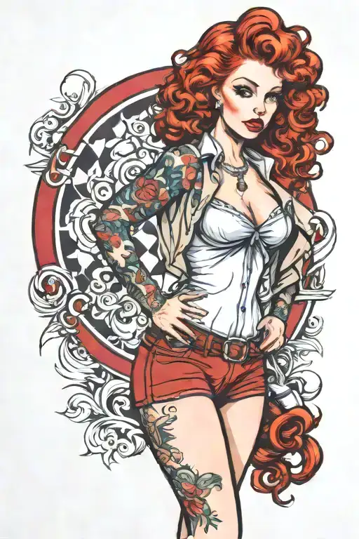curly red haired pin up girl standing tattoo design idea