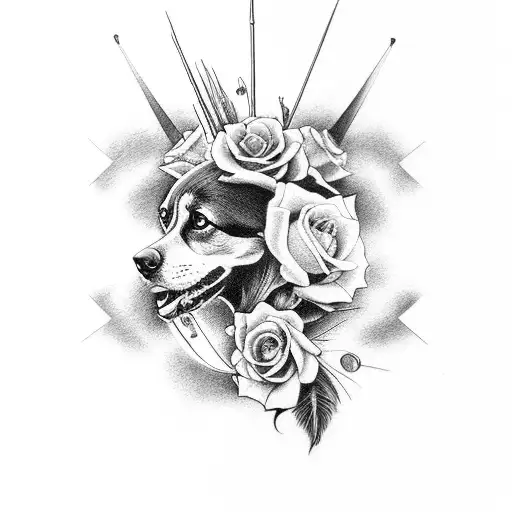 v de vendetta, barco velero, tres rosas, 4 colibri, dos huellas de perro tattoo design idea