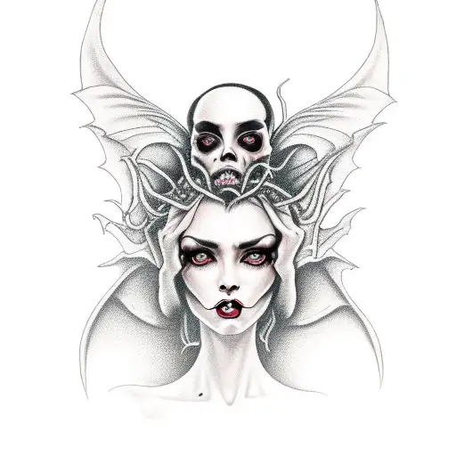 succubus with a seductive stare, dark hair and dark eyes. Holding a skull tattoo design idea
