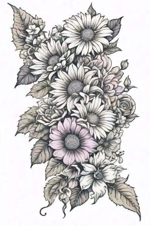 Daisy, violet, chrysanthemum, rose and morning glory flowers tattoo design idea