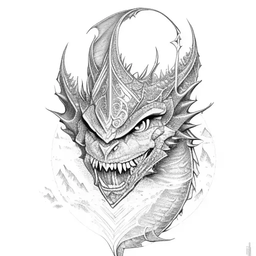 fantasy style with mountains, dragons, elves, wizards, warriors, dwarves, orcs, goblins, halflings and fairies tattoo design idea