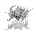 fantasy style with mountains, dragons, elves, wizards, warriors, dwarves, orcs, goblins, halflings and fairies tattoo design idea