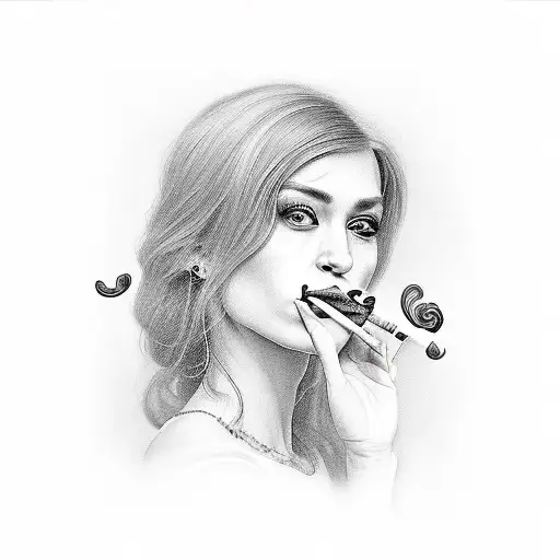 A realistic portrait of a woman smoking a joint with intricate smoke patterns tattoo design idea
