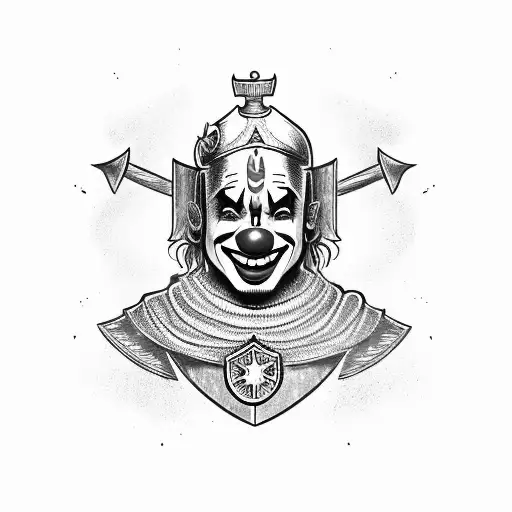 A clown dressed as a knight holding a shield with a jester symbol tattoo design idea