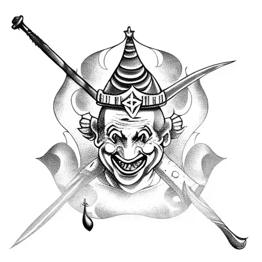 A jester clown juggling medieval weapons tattoo design idea