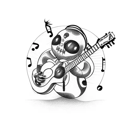A voodoo doll playing a guitar, with music notes forming its strings tattoo design idea