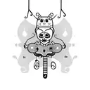 A voodoo doll playing a guitar, with music notes forming its strings tattoo design idea